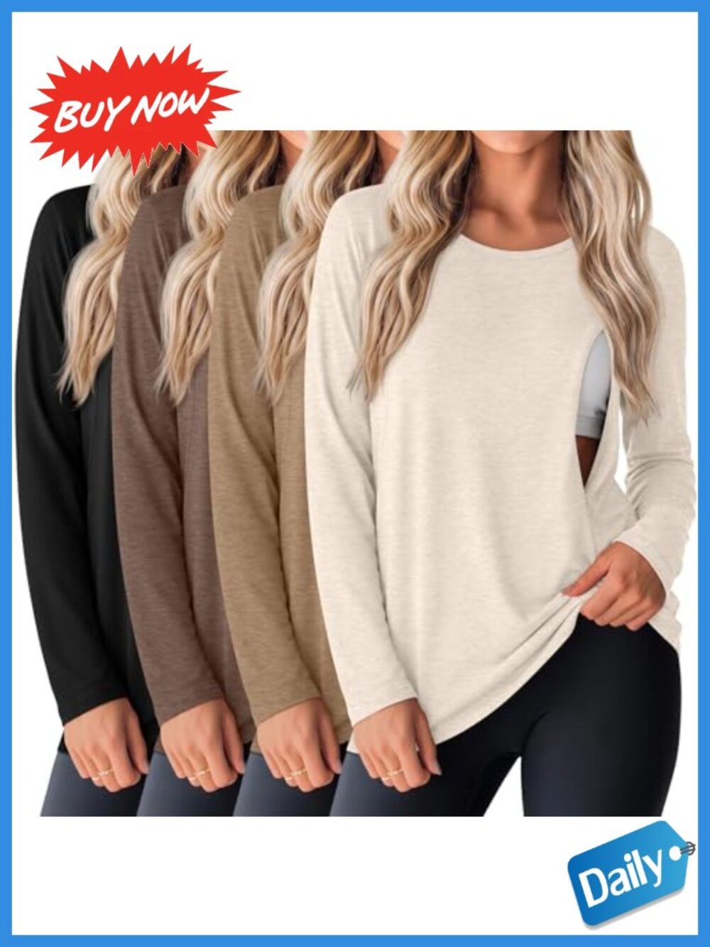 4 Pack Cotton Nursing Tops Breastfeeding Long Sleeve Zip Tees Loose Fit
